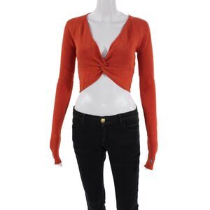 Le Ore Womens Long Sleeve V Neck Ribbed Knit Twist Crop Top Orange Small